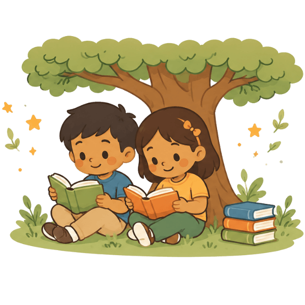 Children reading outside
